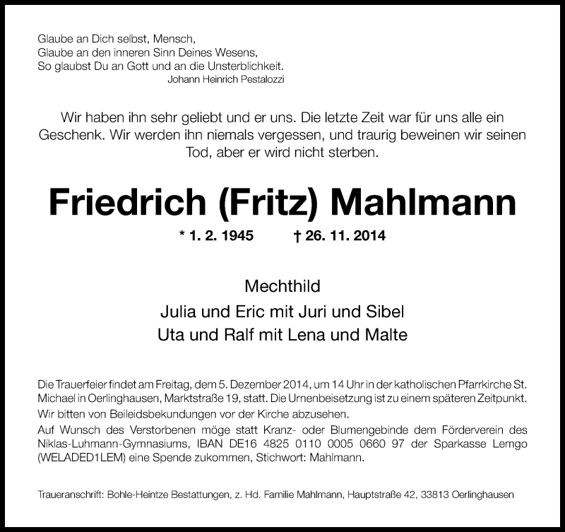  Traueranzeige für Friedrich Mahlmann vom 01.12.2014 aus Neue Westfälische
