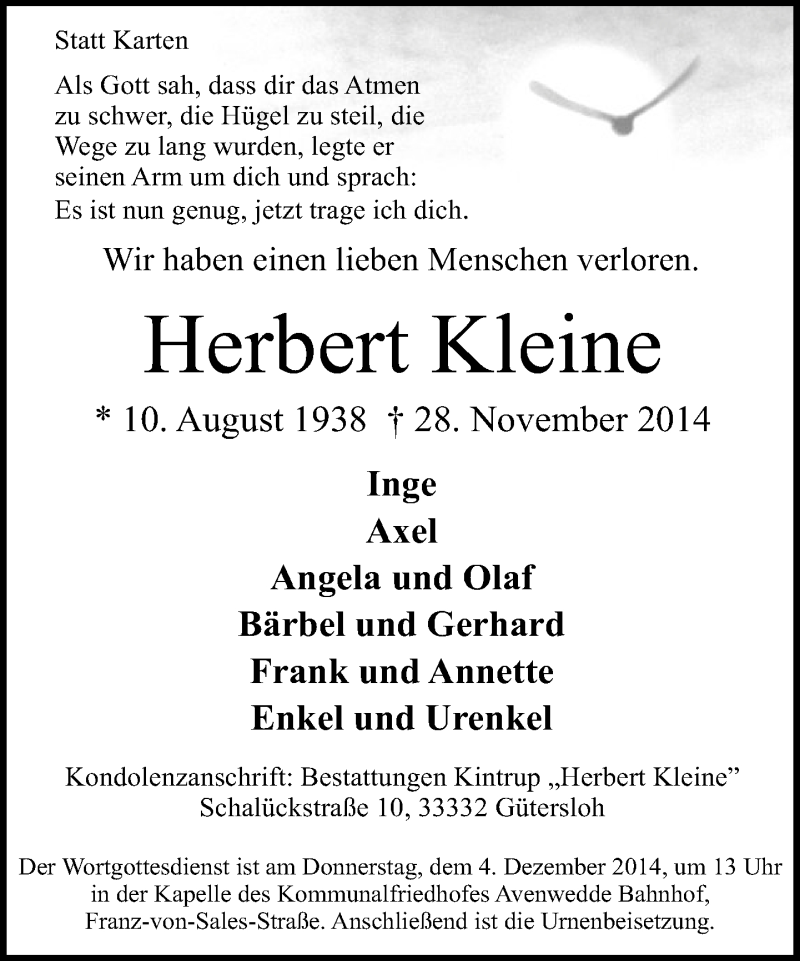  Traueranzeige für Herbert  Kleine vom 01.12.2014 aus Neue Westfälische