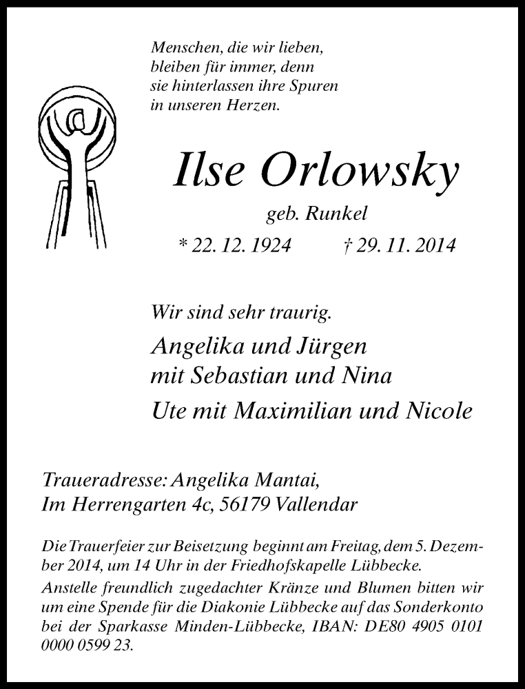  Traueranzeige für Ilse Orlowsky vom 02.12.2014 aus Neue Westfälische