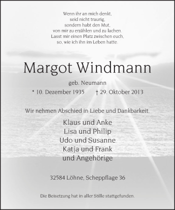 Traueranzeige von Margot Windmann von Neue Westfälische