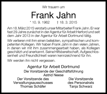 Traueranzeige von Frank Jahn von Neue Westfälische