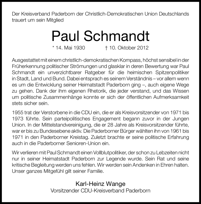  Traueranzeige für Paul Schmandt vom 13.10.2012 aus Neue Westfälische
