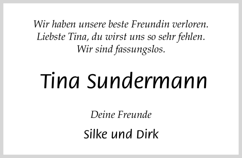  Traueranzeige für Tina Sundermann vom 13.10.2012 aus Neue Westfälische