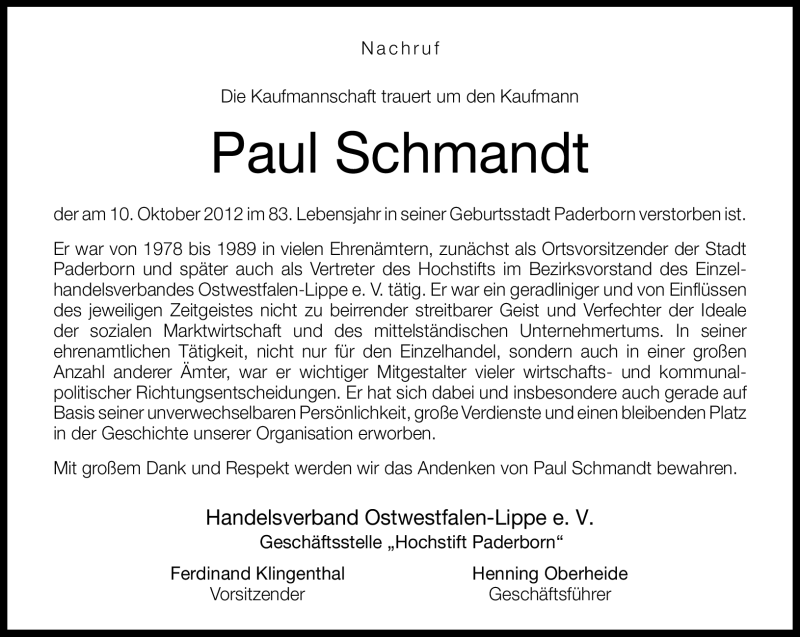  Traueranzeige für Paul Schmandt vom 13.10.2012 aus Neue Westfälische