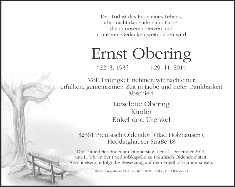  Traueranzeige für Ernst Obering vom 02.12.2014 aus Neue Westfälische