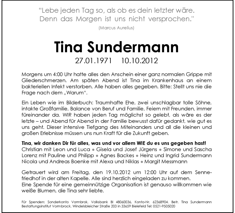 Traueranzeige für Tina Sundermann vom 13.10.2012 aus Neue Westfälische