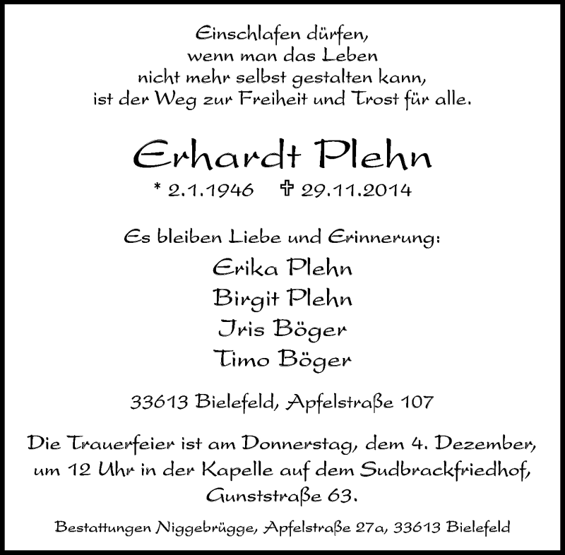  Traueranzeige für Erhardt Plehn vom 02.12.2014 aus Neue Westfälische