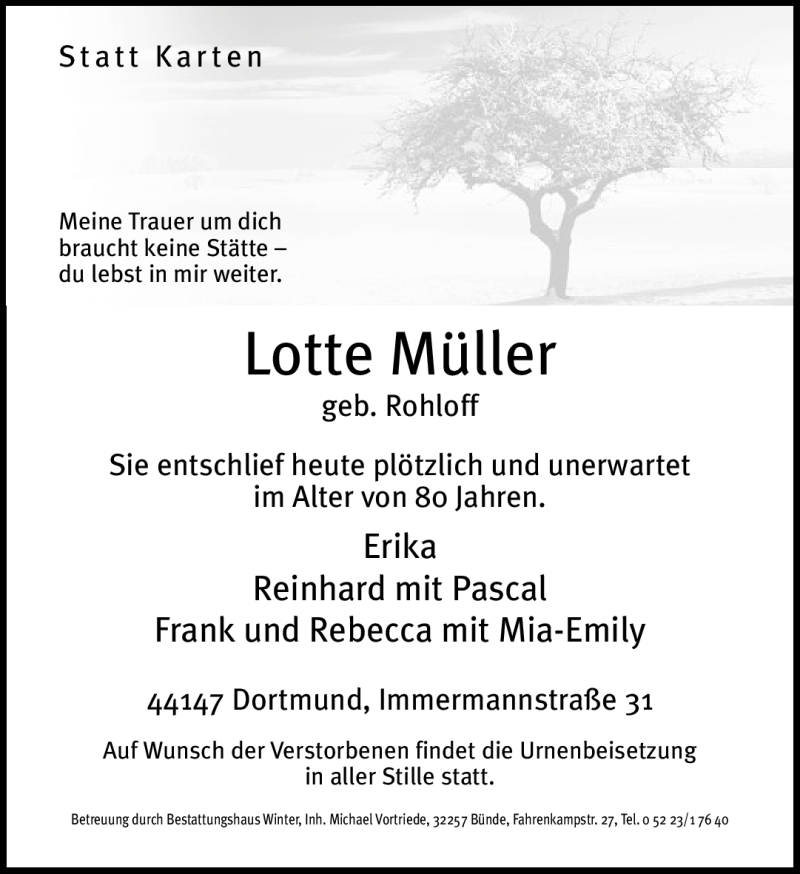  Traueranzeige für Lotte Müller vom 13.09.2011 aus Neue Westfälische