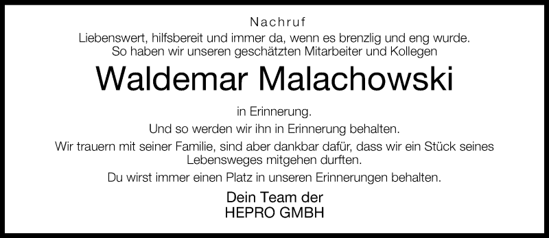  Traueranzeige für Waldemar Malachowski vom 14.11.2013 aus Neue Westfälische
