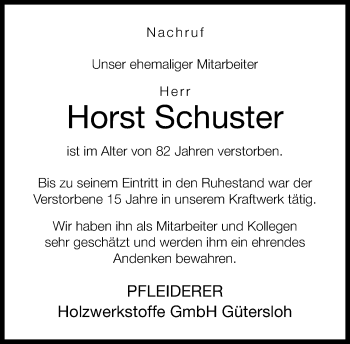 Traueranzeige von Horst Schuster von Neue Westfälische