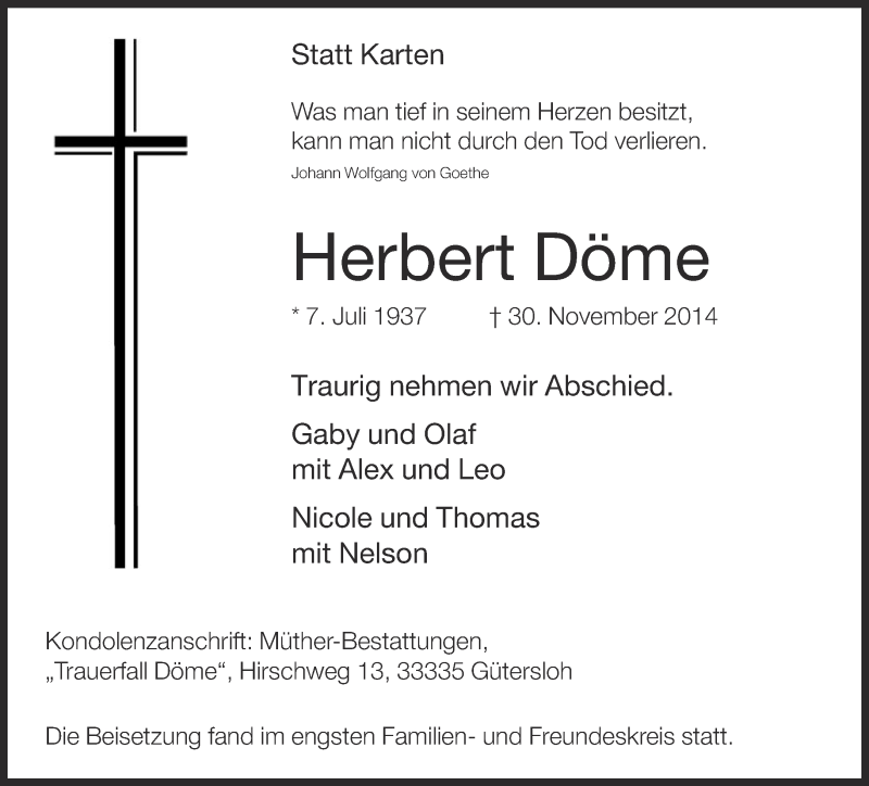 Traueranzeige für Herbert Döme vom 10.12.2014 aus Neue Westfälische