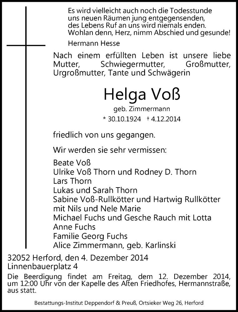  Traueranzeige für Helga Voß vom 10.12.2014 aus Neue Westfälische