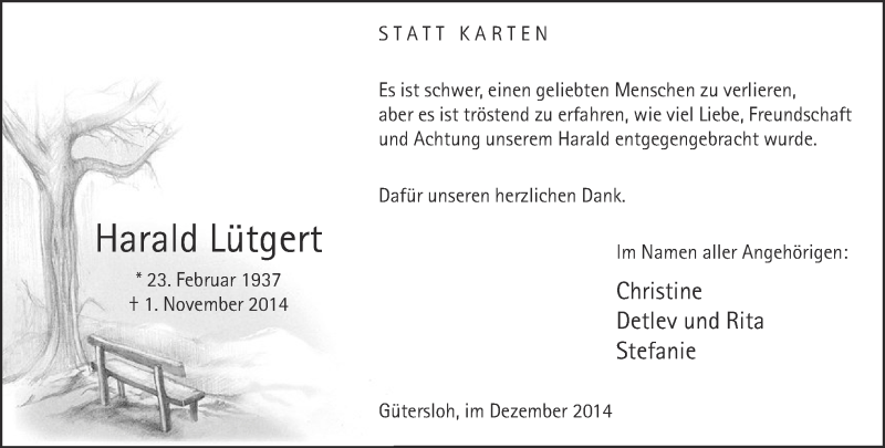 Traueranzeige für Harald Lütgert vom 10.12.2014 aus Neue Westfälische