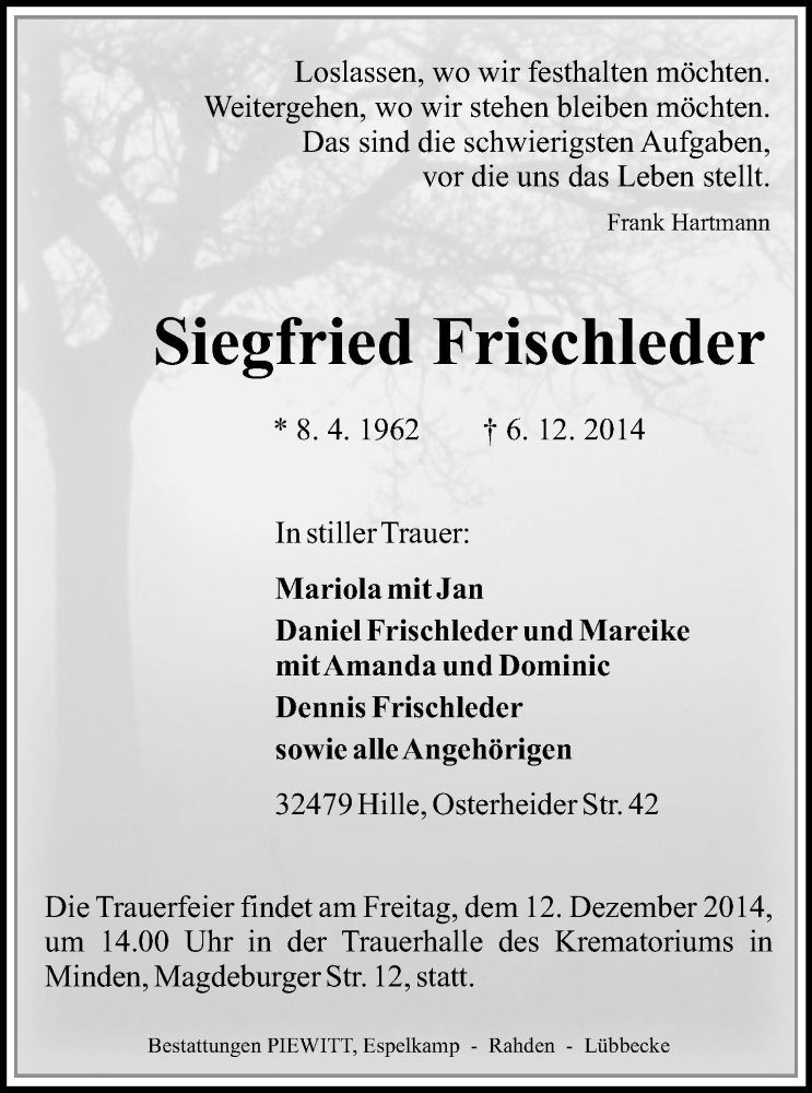  Traueranzeige für Siegfried Frischleder vom 10.12.2014 aus Neue Westfälische