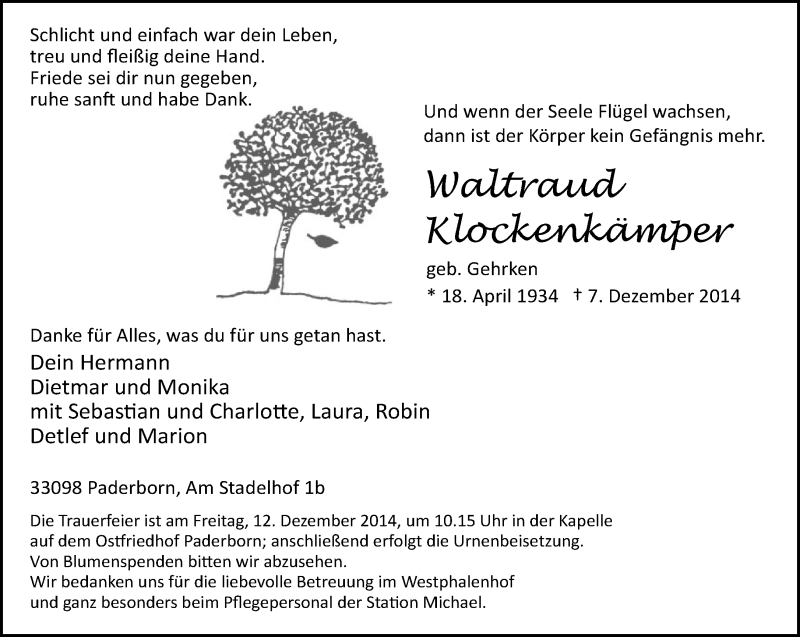  Traueranzeige für Waltraud Klockenkämper vom 10.12.2014 aus Neue Westfälische