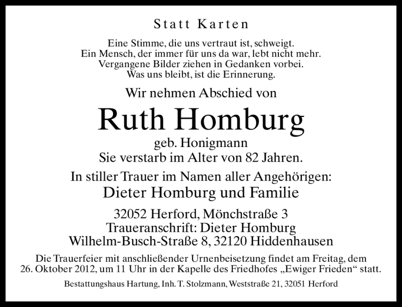  Traueranzeige für Ruth Homburg vom 23.10.2012 aus Neue Westfälische