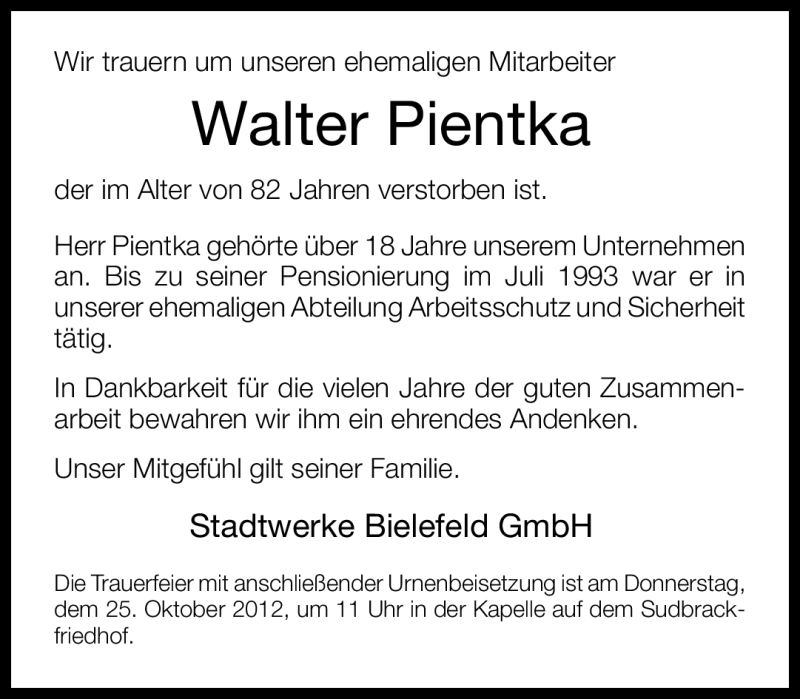  Traueranzeige für Walter Pientka vom 23.10.2012 aus Neue Westfälische