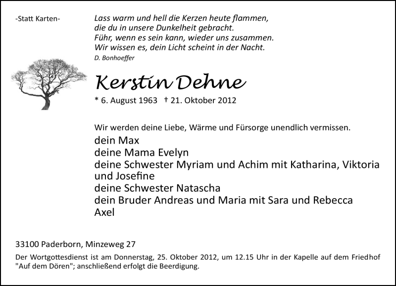  Traueranzeige für Kerstin Dehne vom 23.10.2012 aus Neue Westfälische