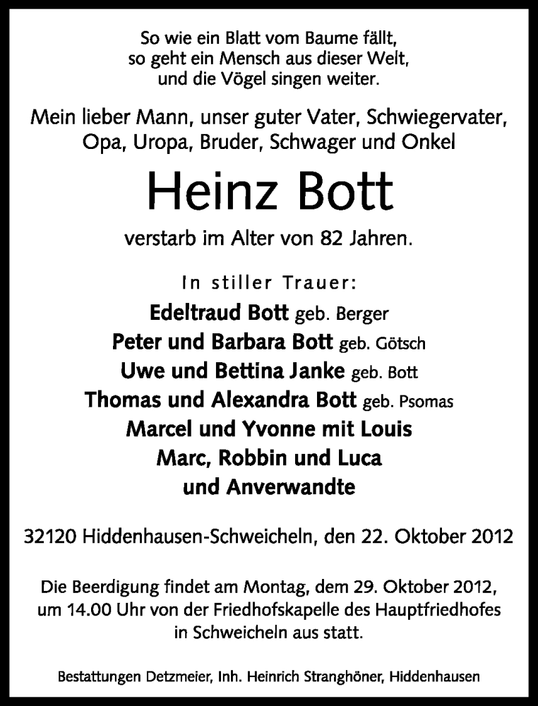  Traueranzeige für Heinz Bost vom 24.10.2012 aus Neue Westfälische