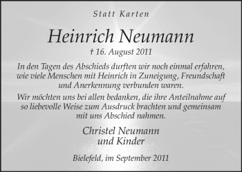 Traueranzeige von Heinrich Neumann von Neue Westfälische
