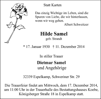 Traueranzeige von Hilde Samel von Neue Westfälische