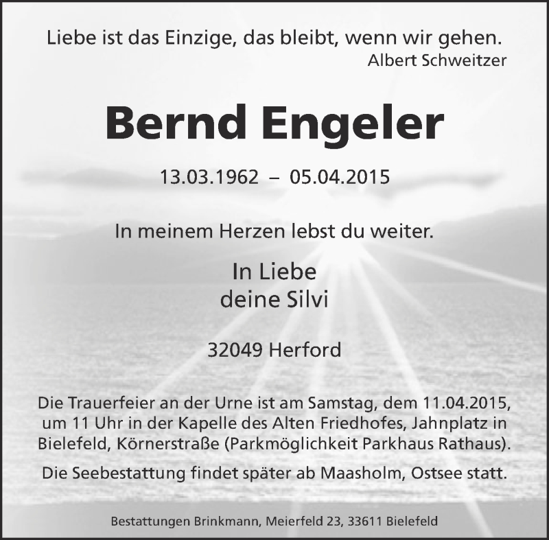  Traueranzeige für Bernd Engeler vom 09.04.2015 aus Neue Westfälische