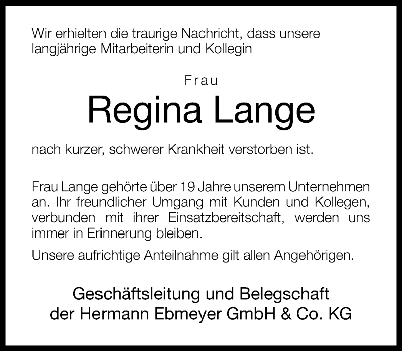  Traueranzeige für Regina Lange vom 20.12.2014 aus Neue Westfälische