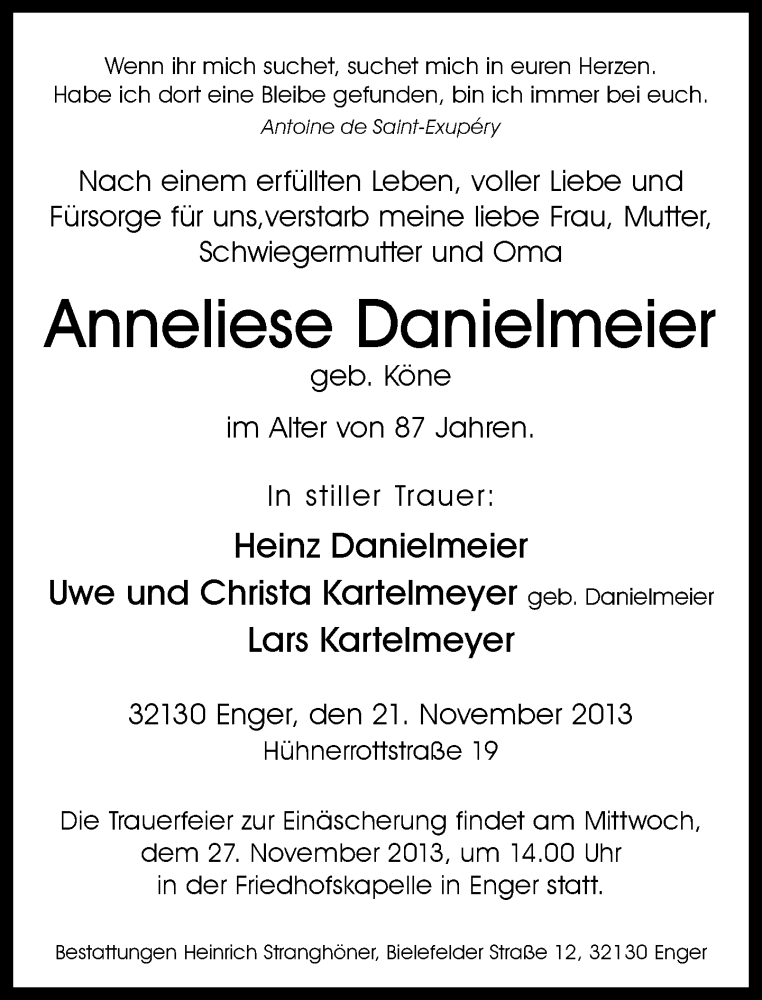  Traueranzeige für Anneliese Danielmeier vom 23.11.2013 aus Neue Westfälische