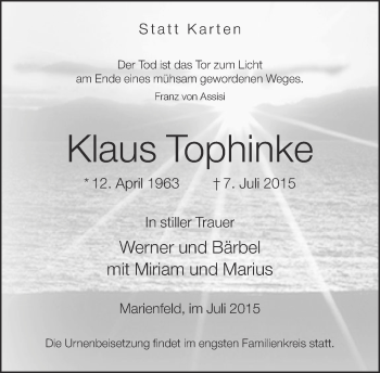 Traueranzeige von Klaus Tophinke von Neue Westfälische