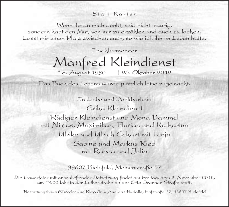 Traueranzeige für Manfred Kleindienst vom 29.10.2012 aus Neue Westfälische
