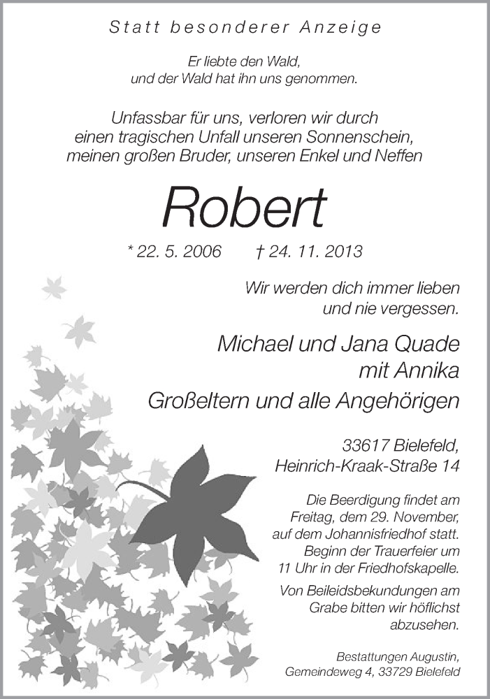  Traueranzeige für Robert  vom 27.11.2013 aus Neue Westfälische