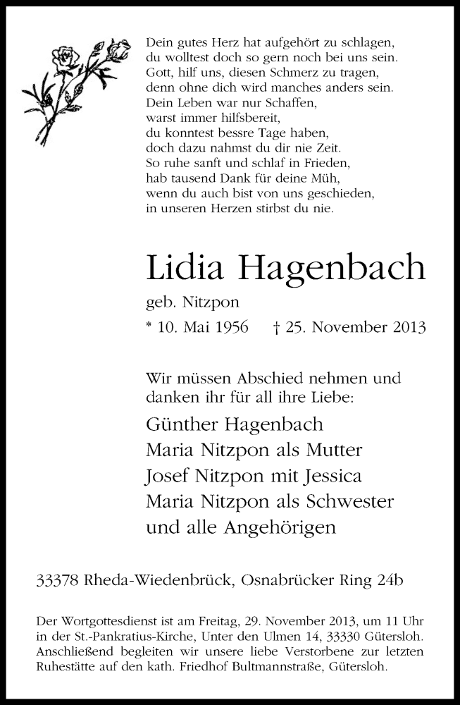  Traueranzeige für Lidia Hagenbach vom 27.11.2013 aus Neue Westfälische