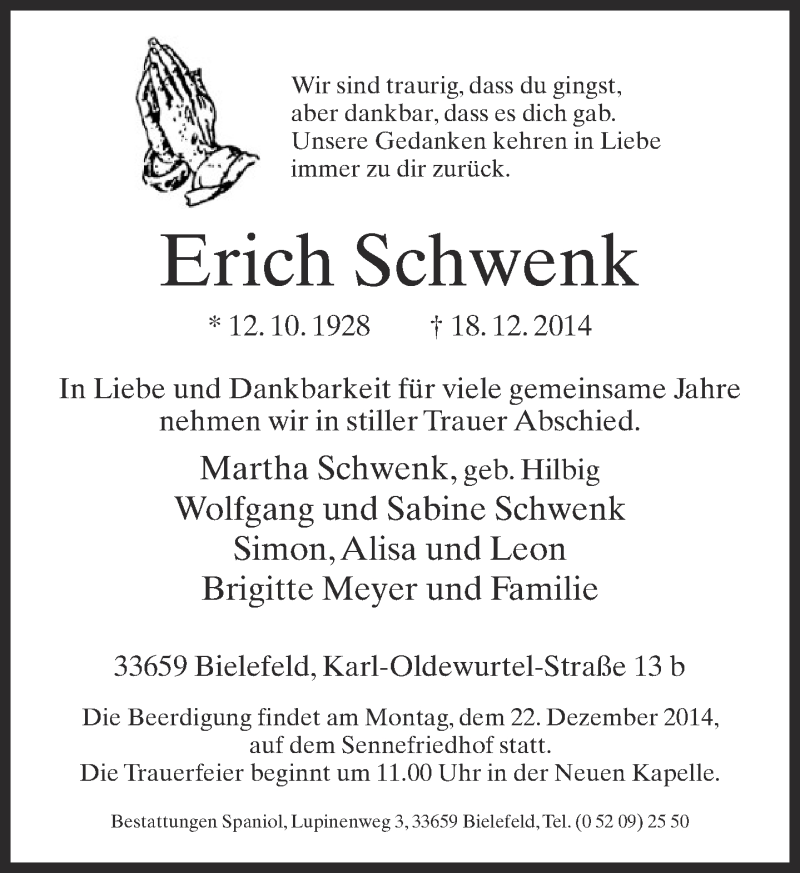  Traueranzeige für Erich Schwenk vom 20.12.2014 aus Neue Westfälische