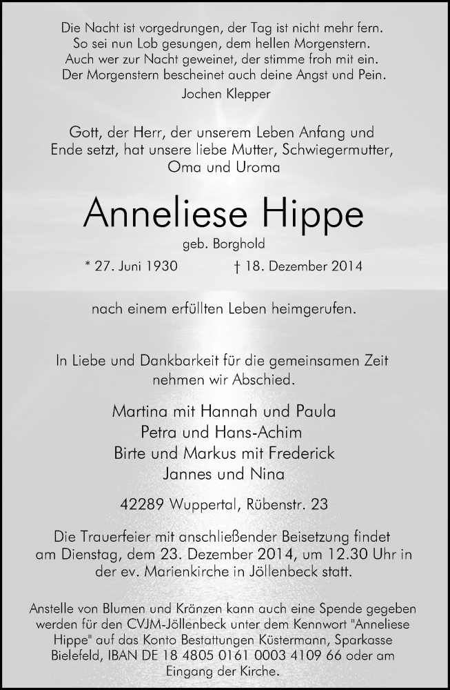  Traueranzeige für Anneliese Hippe vom 20.12.2014 aus Neue Westfälische