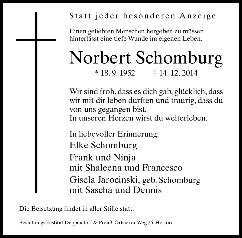  Traueranzeige für Norbert Schomburg vom 20.12.2014 aus Neue Westfälische