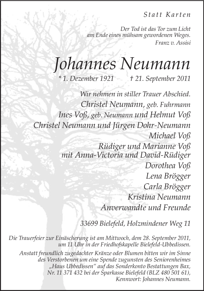  Traueranzeige für Johannes Neumann vom 24.09.2011 aus Neue Westfälische