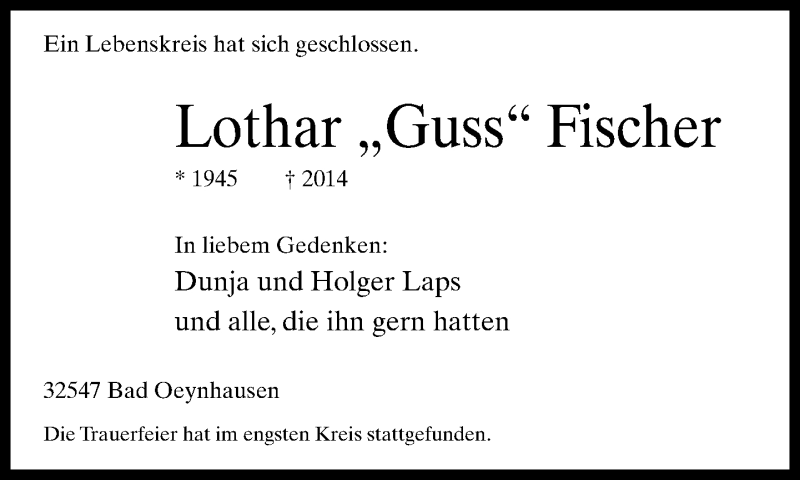  Traueranzeige für Lothar Fischer vom 24.12.2014 aus Neue Westfälische