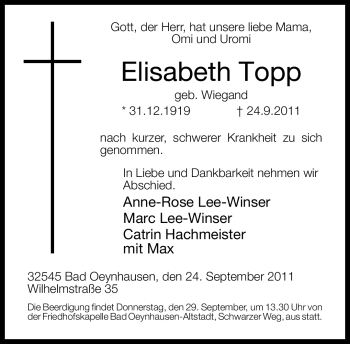 Traueranzeige von Elisabeth Topp von Neue Westfälische