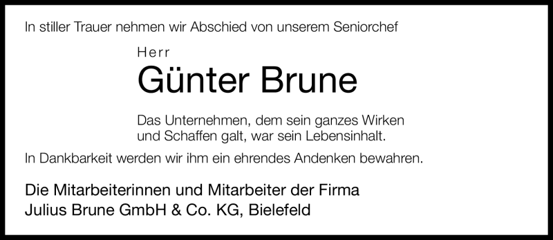  Traueranzeige für Günter Brune vom 01.10.2011 aus Neue Westfälische