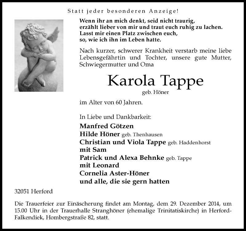  Traueranzeige für Karola Tappe vom 24.12.2014 aus Neue Westfälische