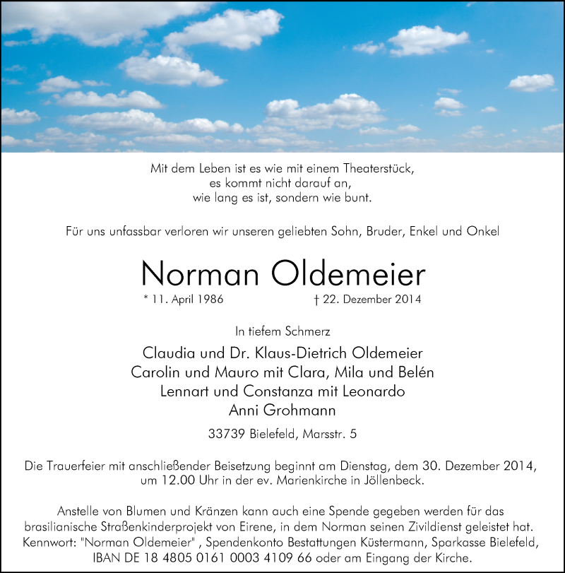  Traueranzeige für Norman Oldemeier vom 27.12.2014 aus Neue Westfälische