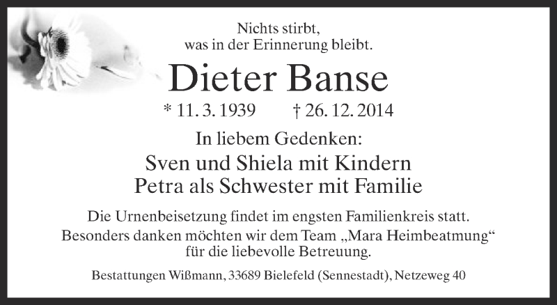  Traueranzeige für Dieter Banse vom 30.12.2014 aus Neue Westfälische