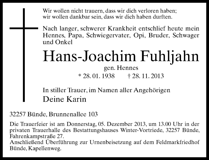  Traueranzeige für Hans-Joachim Fuhljahn vom 30.11.2013 aus Neue Westfälische