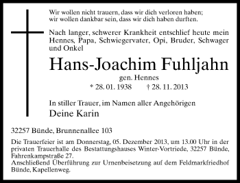 Traueranzeige von Hans-Joachim Fuhljahn von Neue Westfälische