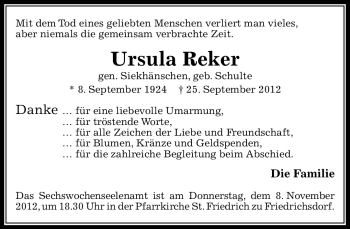 Traueranzeige von Ursula Reker von Neue Westfälische