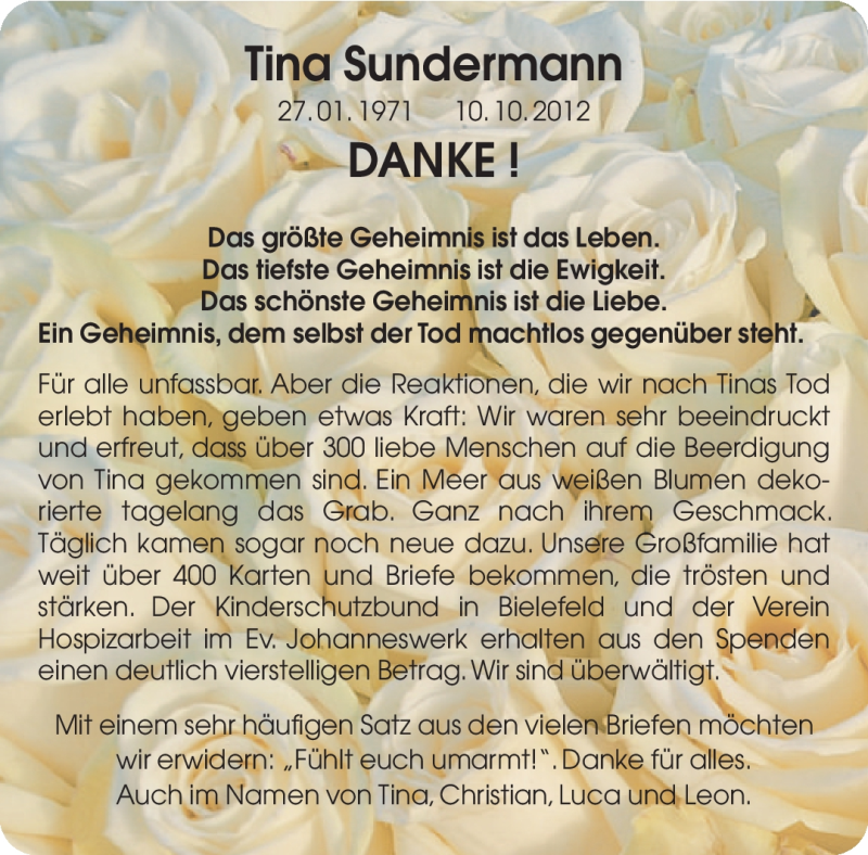  Traueranzeige für Tina Sundermann vom 03.11.2012 aus Neue Westfälische