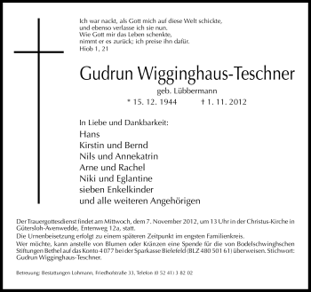 Traueranzeige von Gudrun Wigginghaus-Teschner von Neue Westfälische