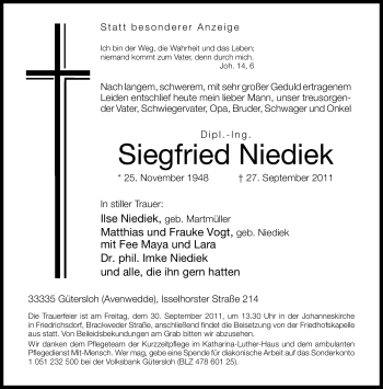 Traueranzeige von Siegfried Niediek von Neue Westfälische