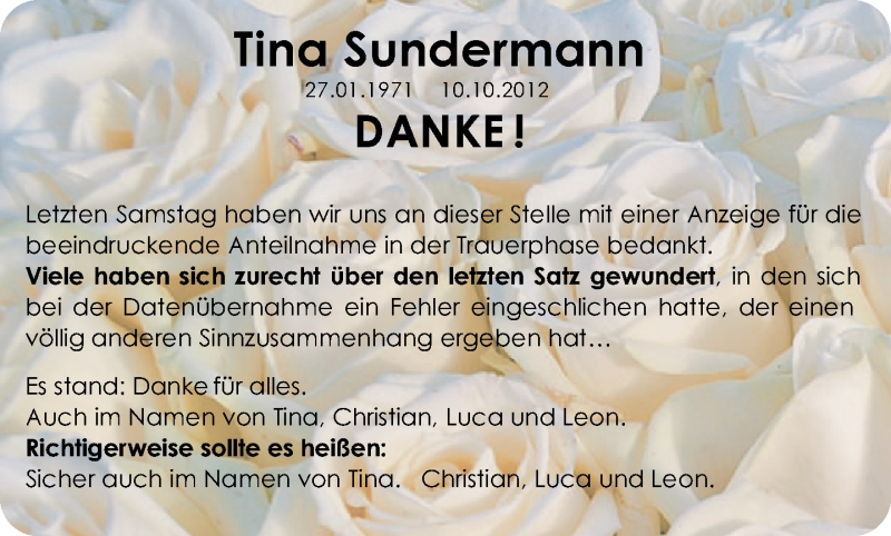  Traueranzeige für Tina Sundermann vom 05.11.2012 aus Neue Westfälische