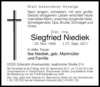 Traueranzeige von Siegfried Niediek von Neue Westfälische